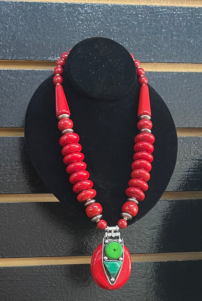 Tribal red and green necklace